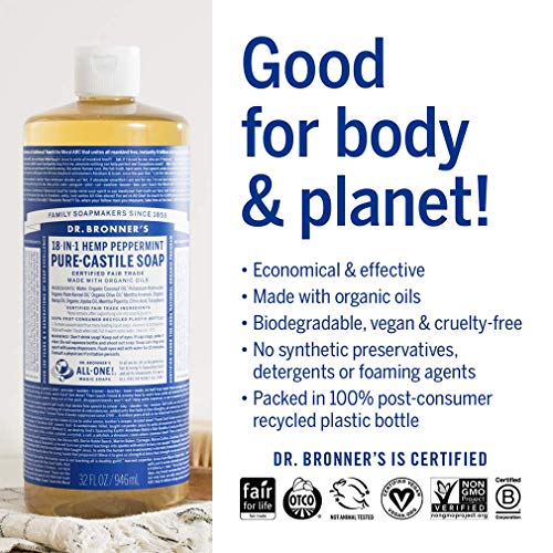 Dr. Bronner's Pure-Castile Liquid Soap - Organic Oils, 18-in-1 Uses, Vegan, 32oz 4-Pack