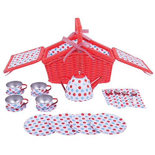 Bigjigs Toys Colourful Spotted Tea Set - Encourages Imagination, Safety Certified - Includes Basket