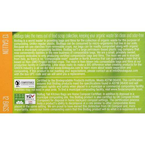 BioBag Compostable Food Scrap Bags - Certified for ASTM D6400, Plant-Based, 13 Gallon, 12 Count