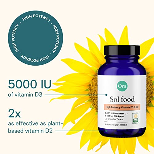 Ora Organic Vitamin D3 5000IU + K2 - Plant-Based Bone & Immune Support - 30 Chewable Tablets