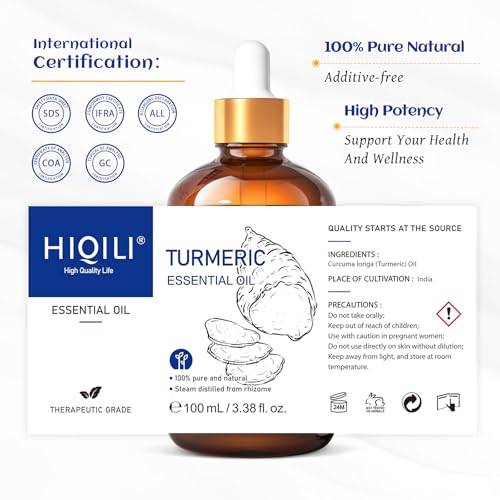 HIQILI Turmeric Essential Oil - Promotes Radiant Skin, Pure & Unfiltered - 100ML