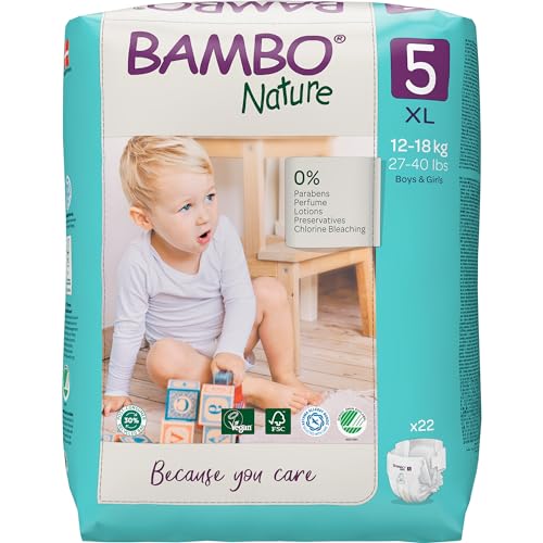 Bambo Nature Premium Diapers - Super Absorbent, Hypoallergenic, Chemical-Free - Size 5, 22PK