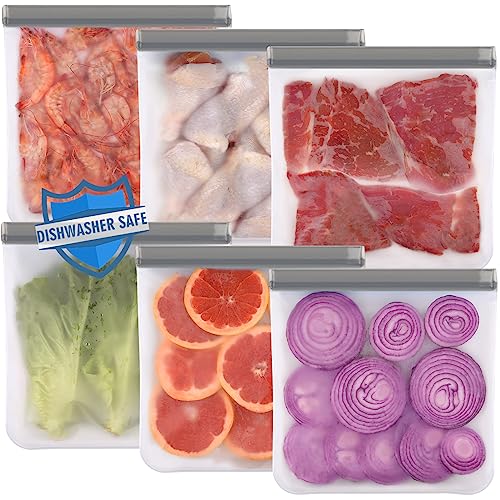 Lerine Reusable Freezer Bags - Leakproof, BPA-Free, Dishwasher Safe - 6 Pack, 1 Gallon, Grey