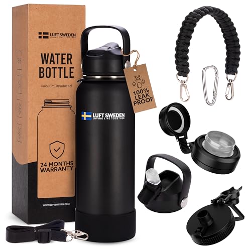 LUFT SWEDEN Reusable Insulated Water Bottle - Leakproof, Straw Lid, 32 Oz Matte Black