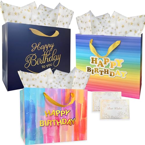 AMROSE Large Birthday Gift Set - Durable Recyclable Bags, Card & Tissue Paper - 3 Pack