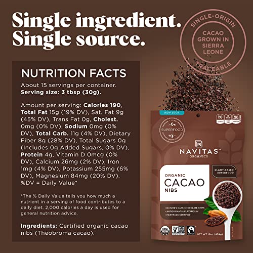 Navitas Organics Cacao Nibs - Nutrient-Dense, Fair Trade, Gluten-Free - 16oz (2-Pack)