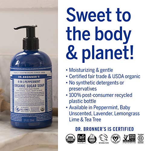 Dr. Bronner's Organic Sugar Soap - Nourishes & Hydrates, Vegan, Non-GMO - Peppermint, 12 oz