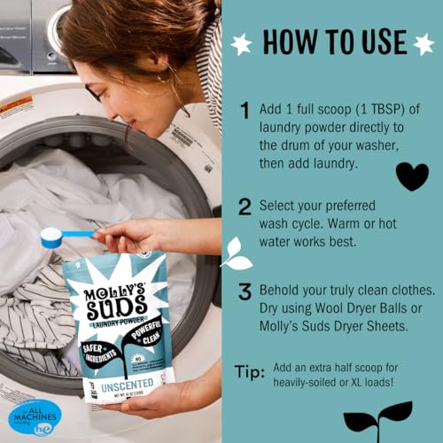 Molly's Suds Laundry Detergent - Stain Fighter for Sensitive Skin, Natural Ingredients - 120 Loads