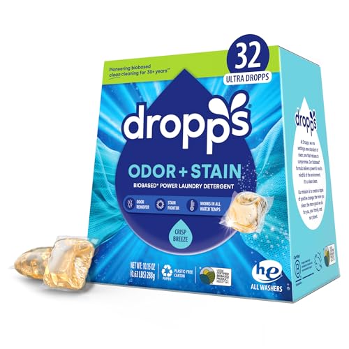 Dropps Biobased Power Laundry Pods - Odor & Stain Removal, USDA Certified - Crisp Breeze, 32 Count