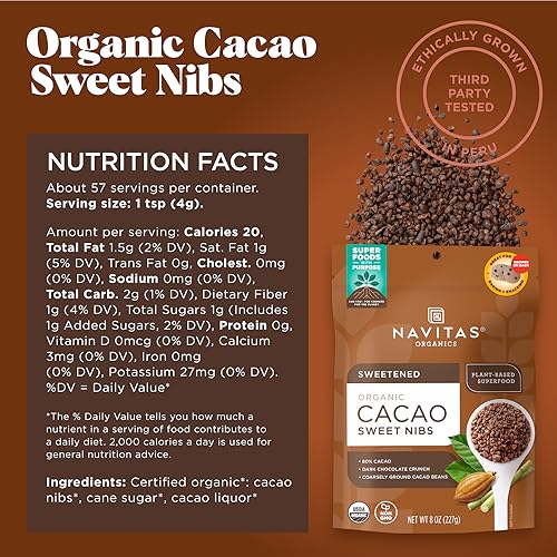 Navitas Organics Superfood Cacao Sweet Nibs - Antioxidant-Rich, Organic & Non-GMO - 8oz