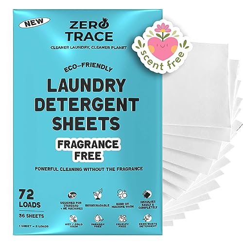 Zero Trace Laundry Detergent Sheets - Fragrance-Free, Powerful Stain Removal, 72 Count