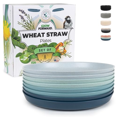 Grow Forward Wheat Straw Plates Set - Unbreakable, Microwave Safe, 10 Inch, Set of 8 - Seascape