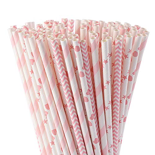 ALINK Drinking Straw & Stirrer Set - Biodegradable, Food Safe, 100 Pack Pink Designs - 7.75"