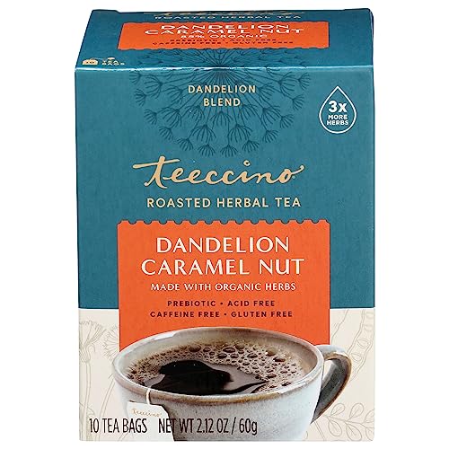 Teeccino Dandelion Caramel Nut Tea - Caffeine Free, Prebiotic Support, Gluten Free - 10 Bags