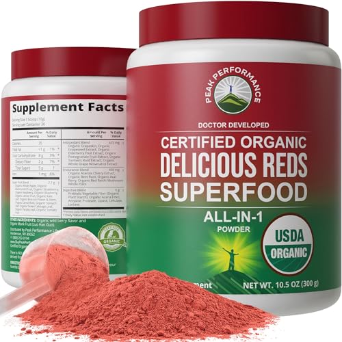 Peak Performance Organic Reds Superfood Powder - Boost Energy & Detox, Raspberry Flavor - 12oz