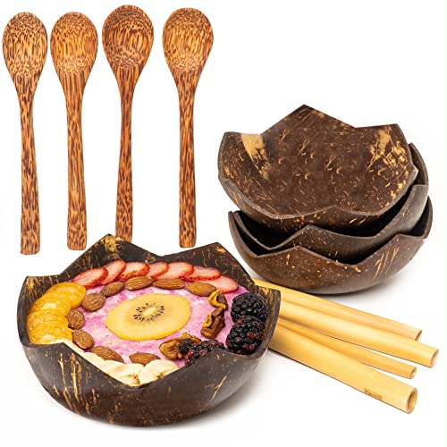 Rainforest Bowls Jumbo Coconut Bowls Set - Hand-Carved, 100% Natural, 4 Wooden Spoons & Straws