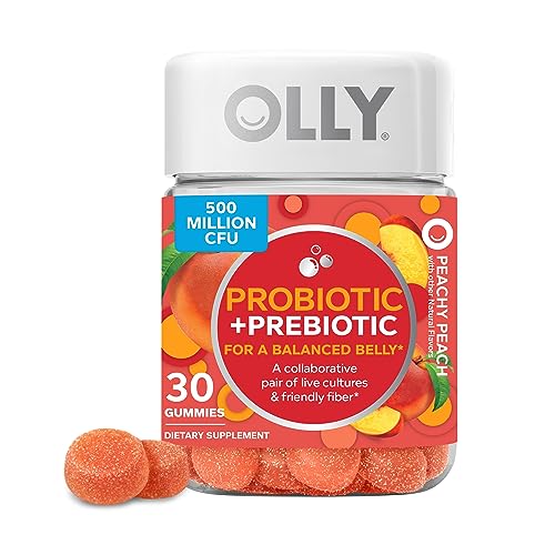 OLLY Probiotic + Prebiotic Gummies - Digestive Support, 500 Million CFUs, Peach Flavor - 30 Count