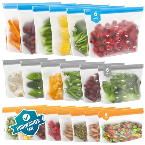 Dishwasher Safe Reusable Food Storage Bags - Leakproof & BPA-Free, 20-Pack Multicolor Set