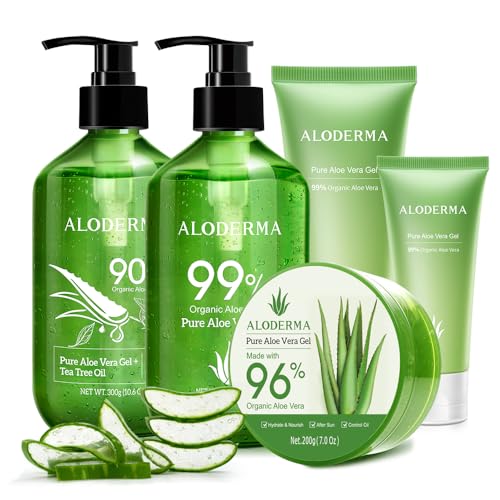 Aloderma Body Lotion Set - Deep Hydration, USDA Organic, 5 Aloe Vera Gels - 300g to 45g