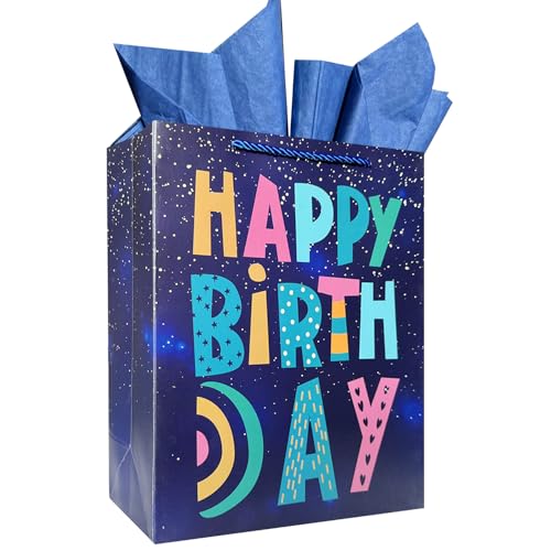 AMROSE Large Birthday Gift Bag - Recyclable, Durable, Royal Blue with Tissue Paper - 10.2"x13"