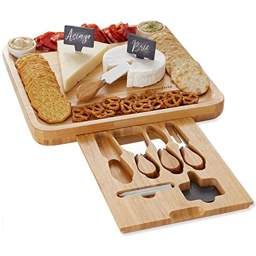 Casafield Bamboo Cheese Board Set - Natural, Organic, Includes Bowls & Knives - 13.25" x 13.25"