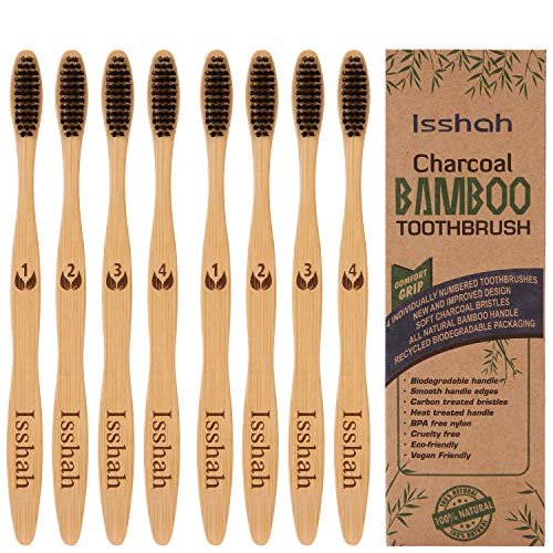 Isshah Bamboo Toothbrush - Natural, Durable, FSC Certified - Pack of 8, 100% Biodegradable Packaging