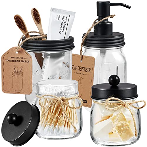 Amolliar Mason Jar Bathroom Accessories Set - Rustic Decor, BPA-Free, 4-Piece Kit (Black)