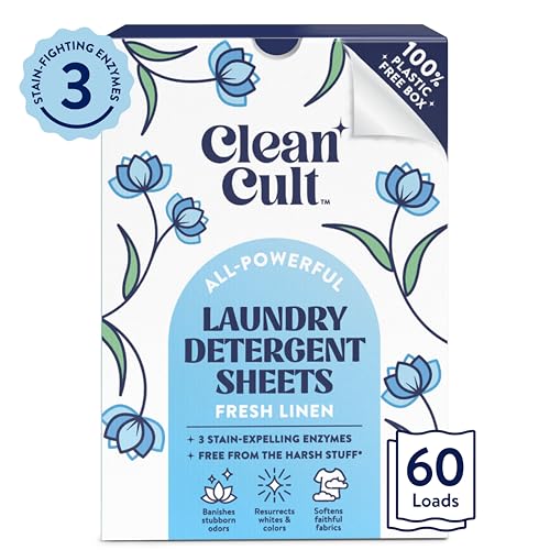 Cleancult Laundry Detergent Sheets - 3 Enzymes for Stain Removal, Fresh Linen - 60 Loads