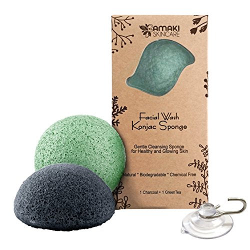 AMAKI SKINCARE Konjac Facial Sponge Set - Gentle Exfoliation, Green Tea & Charcoal - 4pcs
