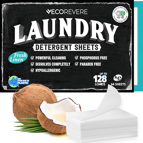 Eco Revere Laundry Detergent Sheets - Hypoallergenic, Plant-Based, Fresh Linen Scent - 64 Sheets