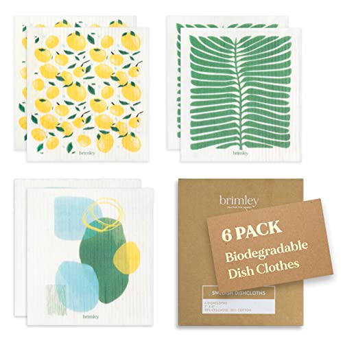 Brimley Swedish Dish Cloths - Absorbent, Biodegradable, Durable Kitchen Rags, 6 Pack Lemon Print