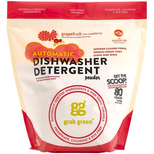 Grab Green Dishwasher Detergent Powder - Powerful Grease Removal, Plant-Based, 3.17 lbs