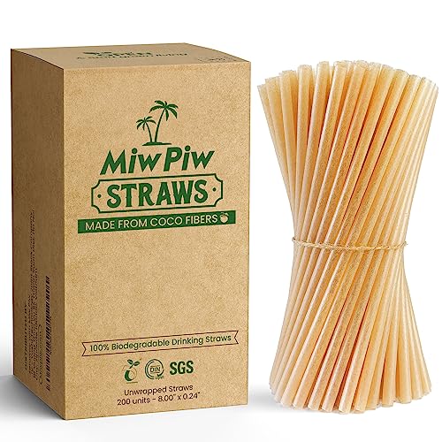 Miw Piw Coconut Straws - 200 Pack, Plant-Based, Biodegradable, Flavorless - For Hot & Cold Drinks