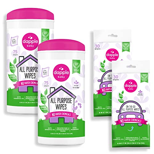 Dapple Baby All Purpose Cleaning Wipes - Plant-Based, Hypoallergenic, Lavender Scent - 75+30 Count