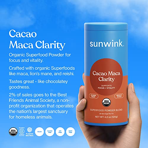 Sunwink Cacao Clarity Mushroom Supplement - Energy & Focus with Organic Superfoods - 20 Servings