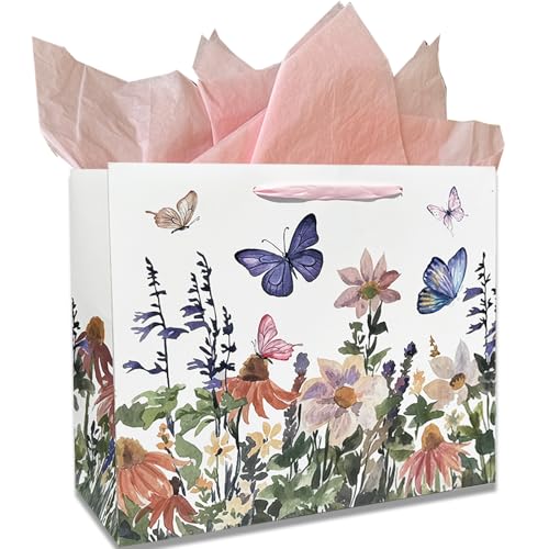 AMROSE Large Gift Bag - Durable, Recyclable Paper, Elegant Butterfly Design - 13” with Card & Tissue