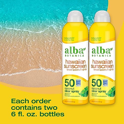 Alba Botanica Sunscreen Spray - Broad Spectrum SPF 50, Water-Resistant, Coconut - 2 Pack, 6oz