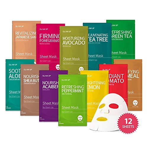 GLAM UP Facial Sheet Mask Combo - Hydrating, Soothing, Cruelty-Free, 12 Pack Variety