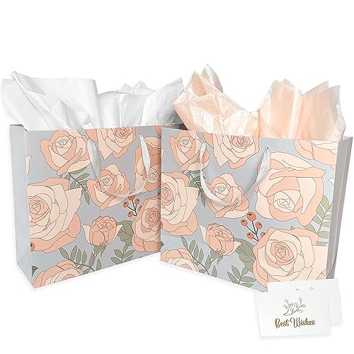 AMROSE Gift Set for Women - Elegant Rose Pattern, Recyclable Paper, 2 Large Bags with Card & Tissue