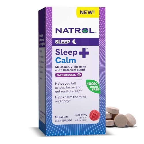 Natrol Sleep + Calm Supplement - Restful Sleep with Melatonin & L-Theanine - 60 Raspberry Tablets