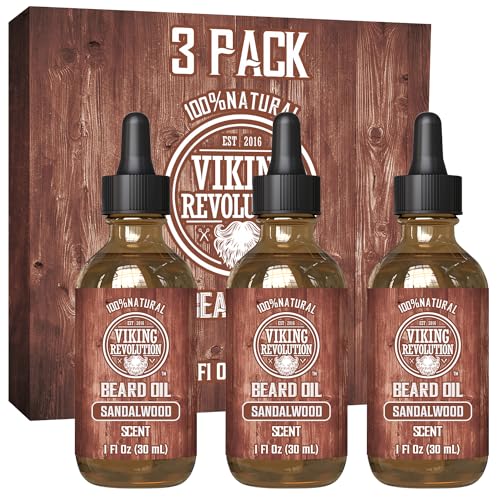 Viking Revolution Sandalwood Beard Oil - Nourishes, Tames, and Moisturizes - 3 Pack