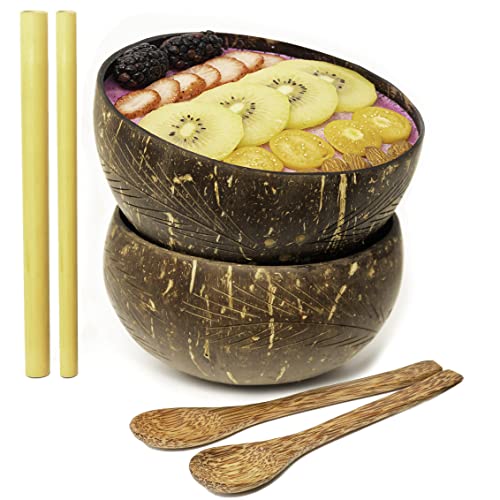 Rainforest Bowls Coconut Bowl Set - Hand-Carved, 100% Natural, 2 Wooden Spoons & Straws - 17oz