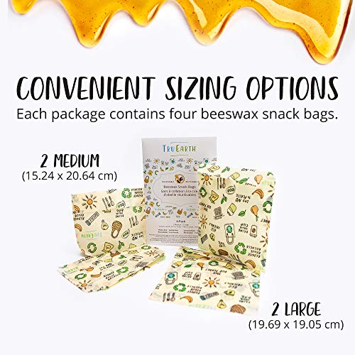 Tru Earth Beeswax Snack Bags - Reusable Food Storage, Biodegradable Materials - 4 Pack