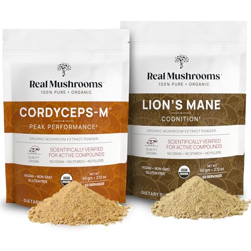 Real Mushrooms Lions Mane & Cordyceps Extract Bundle - Cognitive Support, Energy Boost - 60g Each