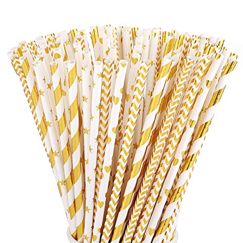 ALINK Biodegradable Paper Straws Set - Sturdy, Food Safe, 4 Fun Designs - 100 Pack