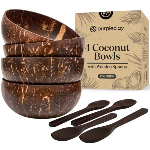 purpleclay Coconut Bowls & Wooden Spoons Set - Handcrafted, Vegan-Friendly, 4-Piece Set