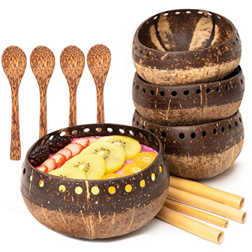 Rainforest Bowls Coconut Bowl Set - Hand-Carved, Versatile Use, Reclaimed Materials - 4 Jumbo Bowls