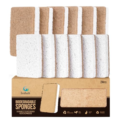 Isshah Kitchen Sponge - Durable Sisal Hemp for Tough Grease, Gentle on Hands - 24 Count