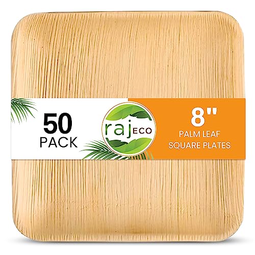 Raj Compostable Palm Leaf Plates - Unique Design, Non-Toxic, 50 Count, 8 Inch Square