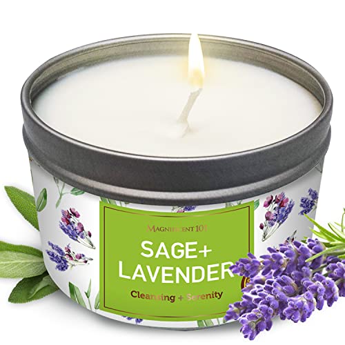 Magnificent 101 Aromatherapy Candle - Sage & Lavender for Energy Cleansing - 6oz, 35-Hour Burn